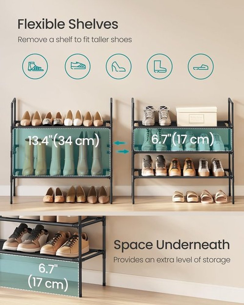 SONGMICS 3-Tier Shoe Rack - Slim Space-Saving Storage for Hallway | Metal Frame, Black Non-Woven Shelves