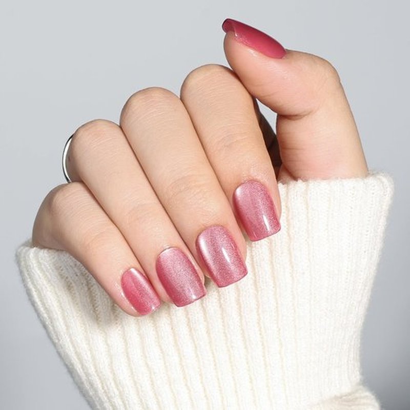 Cat Eye Press On Nails - Rose Pink Press On Nails, Short Square Nails Press Ons for Women Fake Nails with Glue, Glossy Reusable Glue on Nail in 15 Sizes - 30pcs