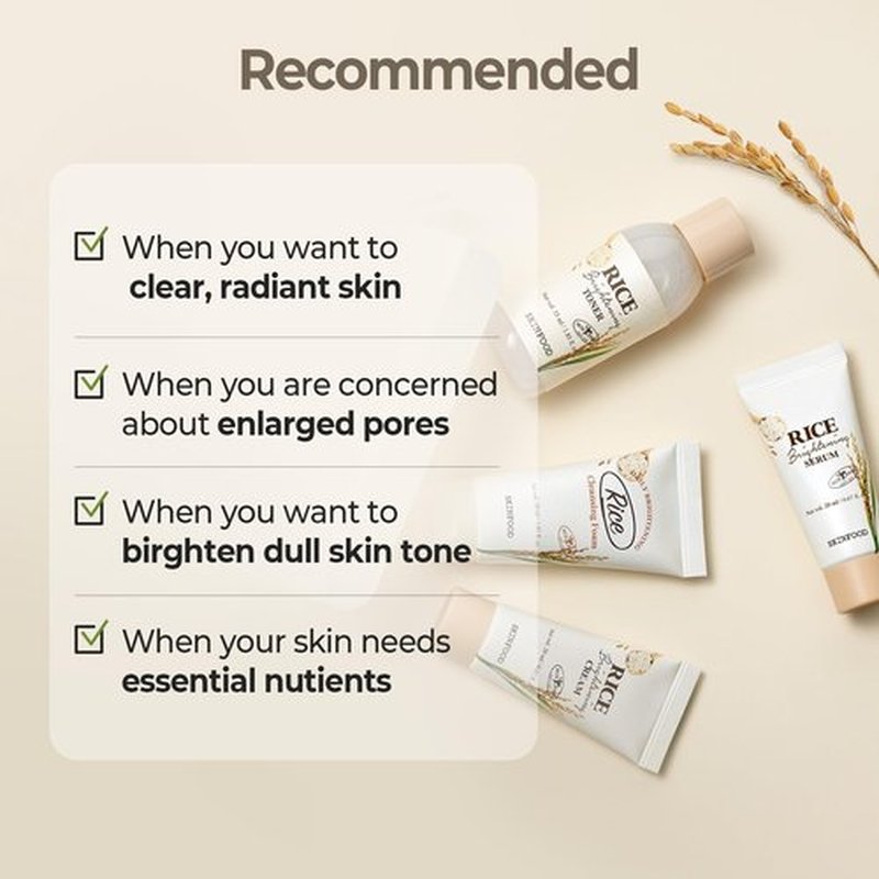 SKINFOOD Rice Starter Kit, Rice Toner, Rice Serum, Rice Moisturizer, and Rice Face Wash for Glass Skin, Korean Skin Care Set, Travel Size Kit, Stocking Stuffers, Gift Set for Women, Skincare Gift Set