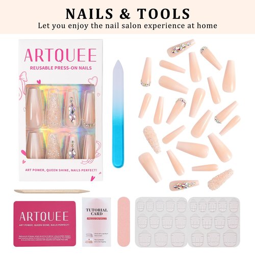Artquee 24pcs French Nude White Ballerina Flash Diamond Crystal Long Glossy Coffin Flash Fake Nails Press on Nail False Tips Manicure for Women