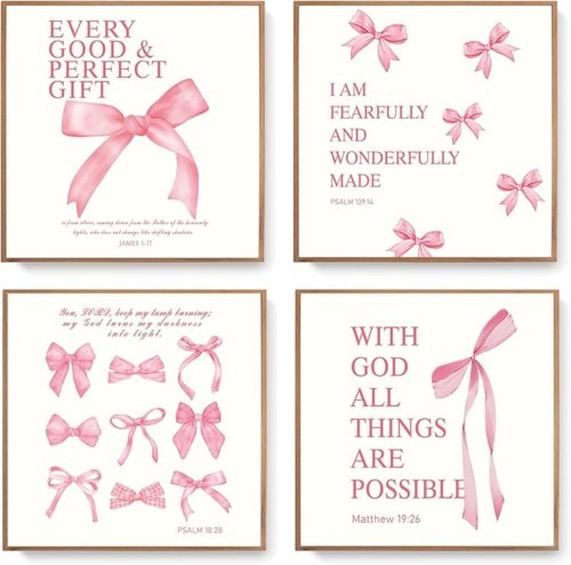 LARTSFRO Coquette Pink Bow Wall Art - Aesthetic Decor for Teen Girls | Set of 4 Unframed 10x10 Inch Prints