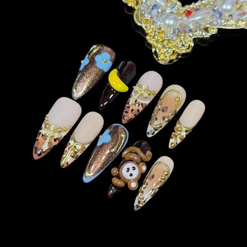 Handmade Press on Nails Cute 3D hand-crafted Monkey & Banana, Leopard Print Design - Long Stiletto Shape Reusable False Nails, Fun Animal Themed Nail Art (Pawky Monkey, S)