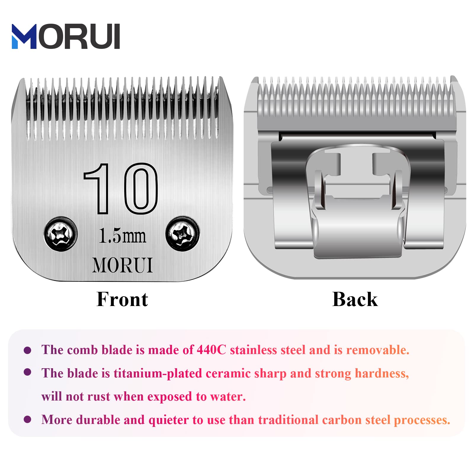 morui Detachable Pet Dog Clipper Blades UltraEdge Compatible with Oster A5,Wahl KM10 Series Clippers (10# 1.5mm- 2 Pack)