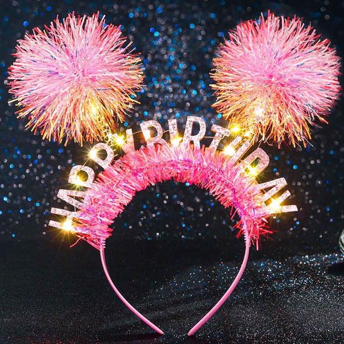 Aceorna Light Up Pink Headbands LED Happy Birthday Crown Hairbands Glowing Pom Pom Hair Accessories for Women