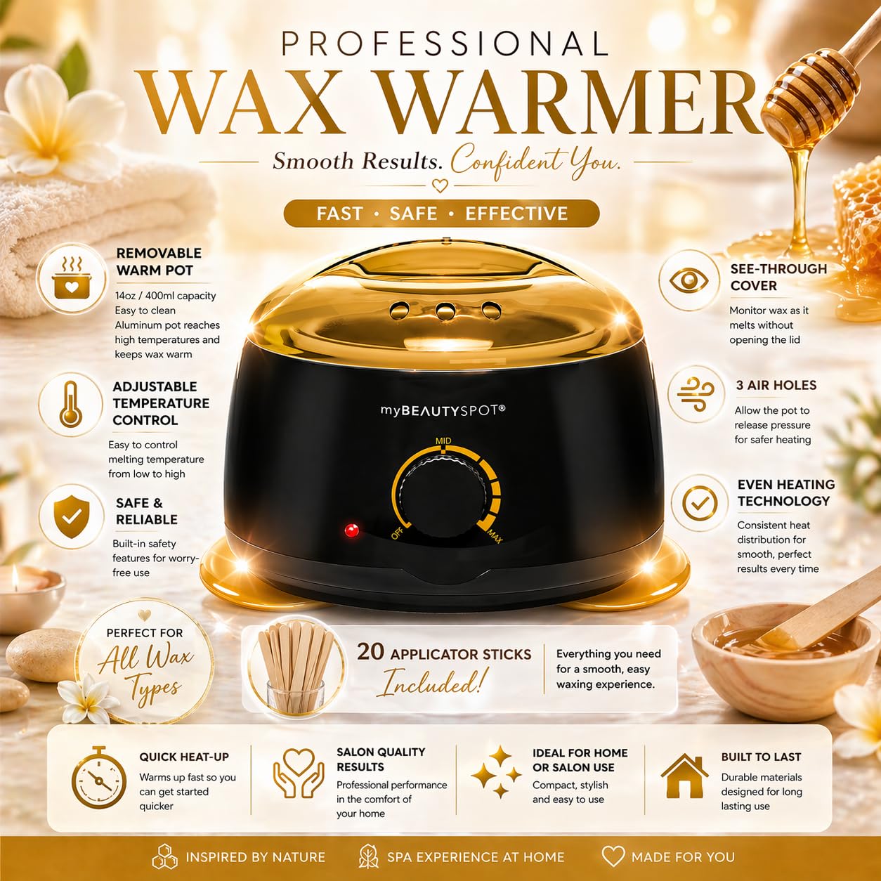 My Beauty Spot Wax Warmer for Hair Removal Kit – Wax Machine Kit for Women – At Home Hair Removal Wax Kit – Full Body Bikini Brazilian – Includes Wax Beads & Sticks