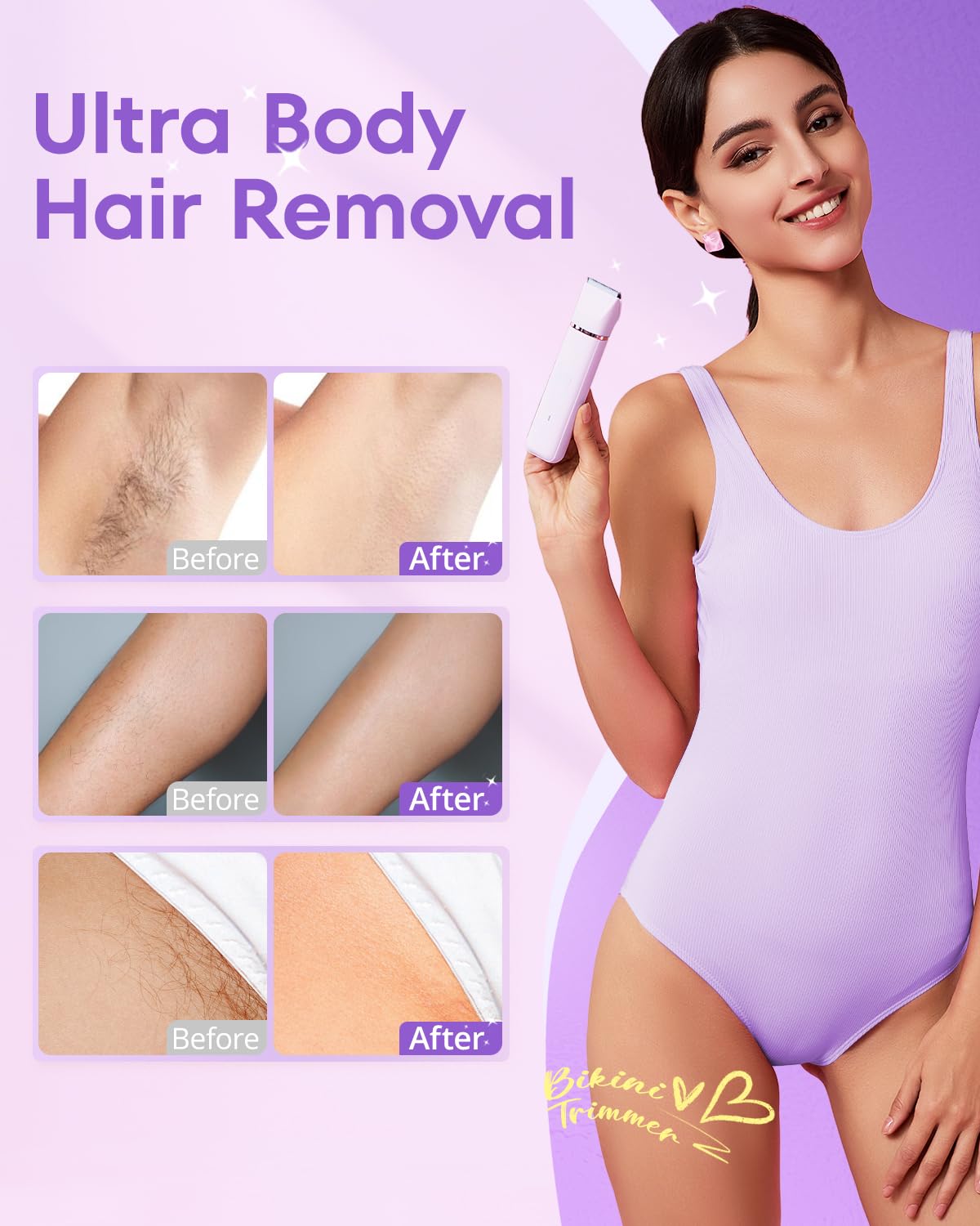 VG VOGCREST Bikini Trimmer for Women: 2-in-1 Painless Body Shaver for Underarm Leg Arm - Portable Travel Friendly Pubic Grooming Kit