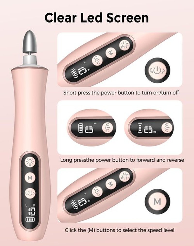 Cordless Nail Drill Electric Nail File, 10-in-1 Manicure Pedicure Kit Nail Grinder Set, 14000 RPM Rechargeable Acrylic Nail Tool, 10 Speeds LED Light LCD Display for Human, Toenails, Home(Pink)