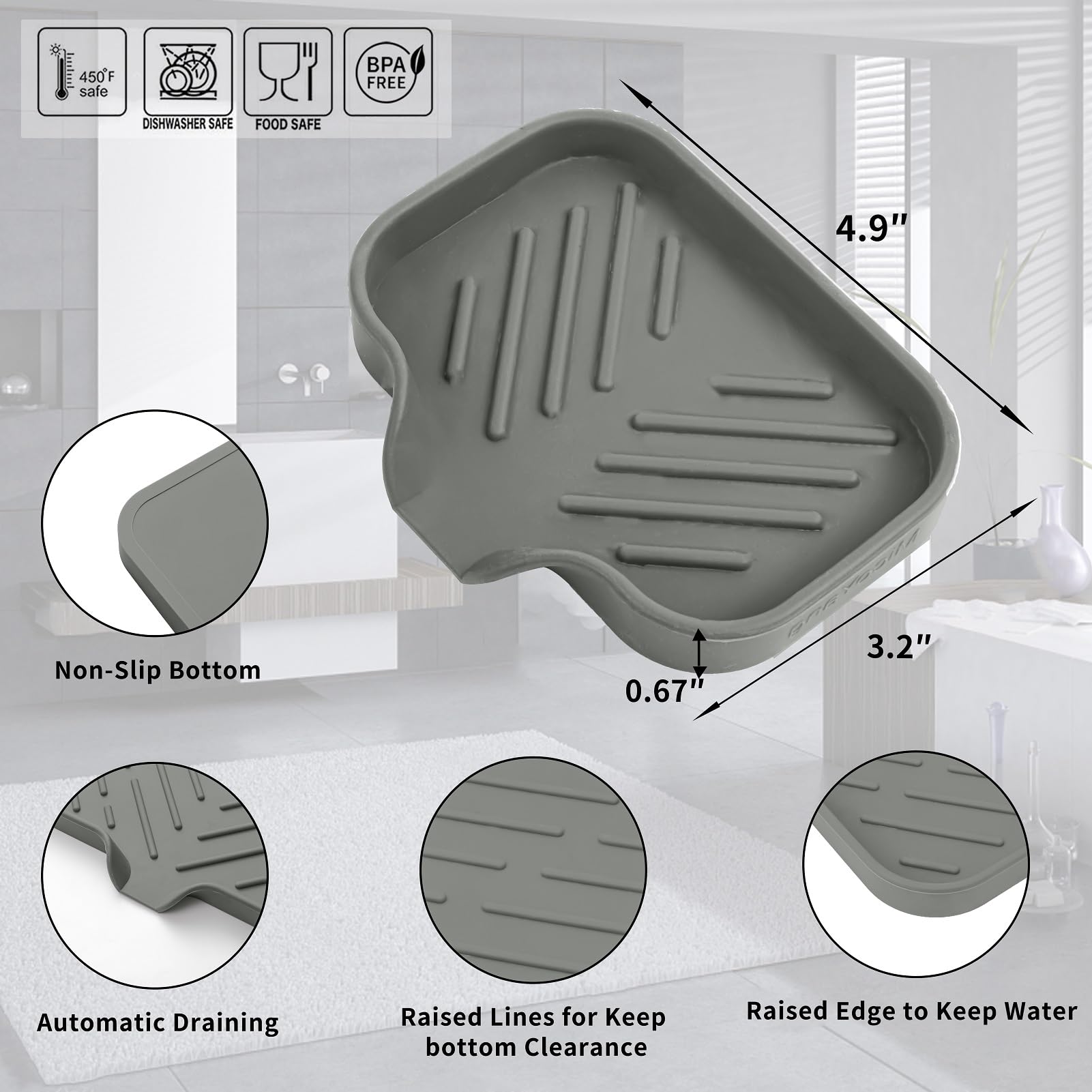 MicoYang Silicone Soap Dish with Drain Spout, Self-Draining Sink Organizer Tray for Bathroom and Kitchen, Sponges, Dispensers and Soap Holder, Non-Slip and Dishwasher Safe, Grey (Compact, 4.9"×3.2")