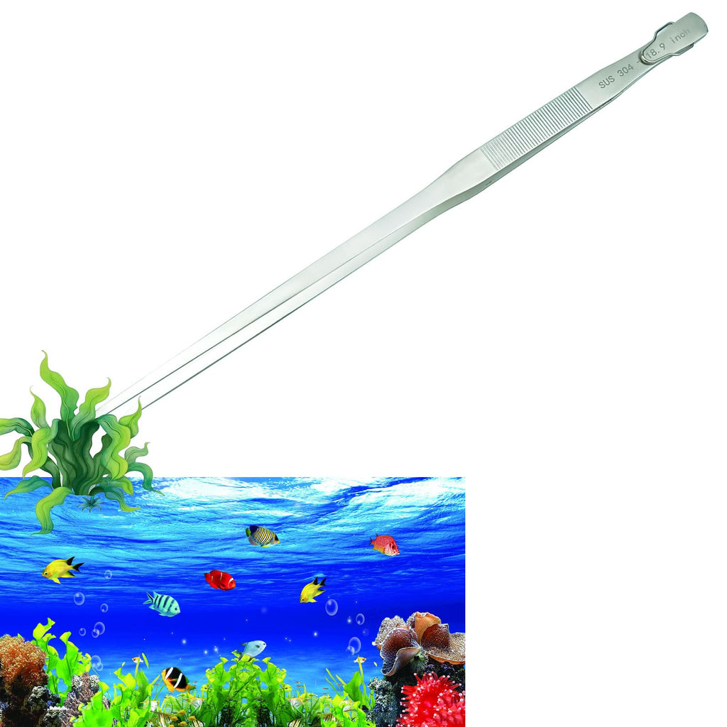 Gostur 18.9 inch Aquarium Tweezers with Hanger, Extra Long Feeding Tongs, Stainless Steel Large Aquascape Tools for Fish Tank, Terrarium, Aquascaping, Reptile Snake (Curved)