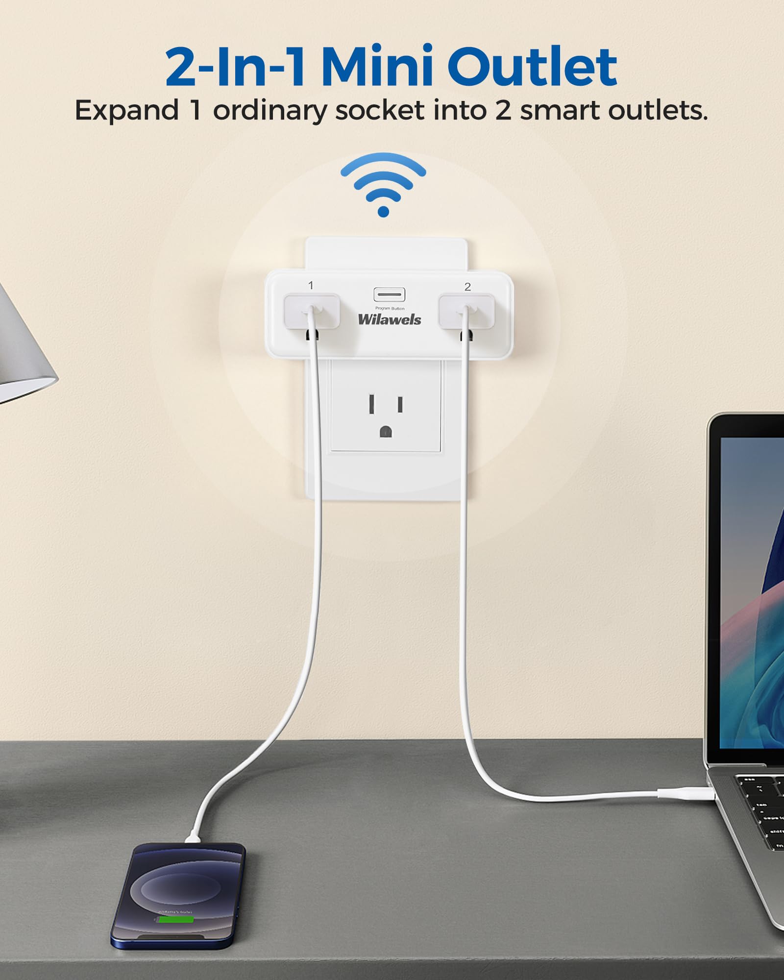 Remote Control Outlet with 2 Independent Control Sockets, WILAWELS Wireless Remote Light Switch for Christmas Tree Lights, String Lights 15A/1875W/125V, Compact, Programmable, FCC Certified W04RC1106
