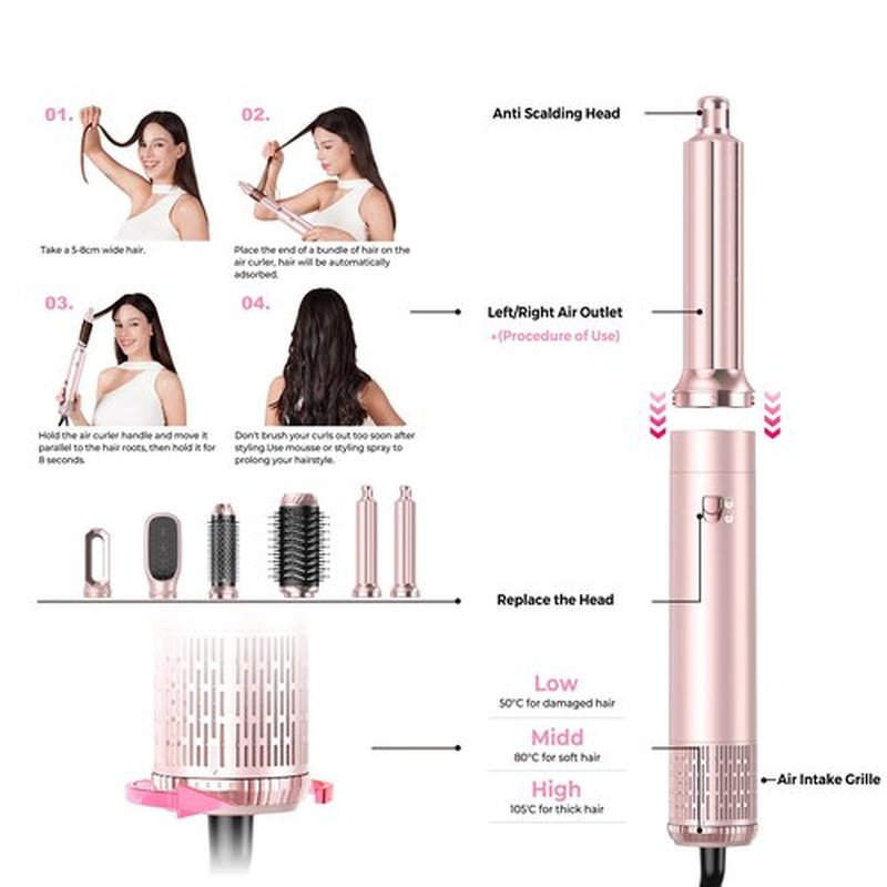 Atopskins 6 in 1 Hair Dryer Brush Hot Air Styler Detachable for Travel, Blow Dryer 3 Heat Settings to Straighten, Auto Curl, Volumize Home Salon Results Frizz-Free Shine All Hair Types (Pink-A)
