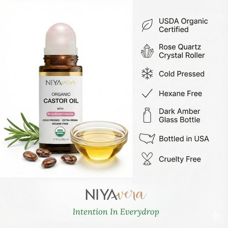 NIYAVERA Organic Castor Oil Roll on with Rose Quartz For Face and Body - Cold Pressed Hexane Free Glass Bottle Unrefined 1.7 oz