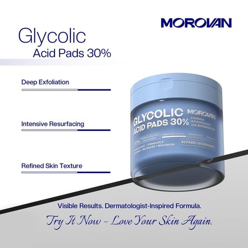 Morovan Glycolic Acid Pads 30%: Dual-Sided Face Exfoliator for Blemishes and Deep Cleaning, Clarifying Skin Tone, At-Home Peel, 65 Pads