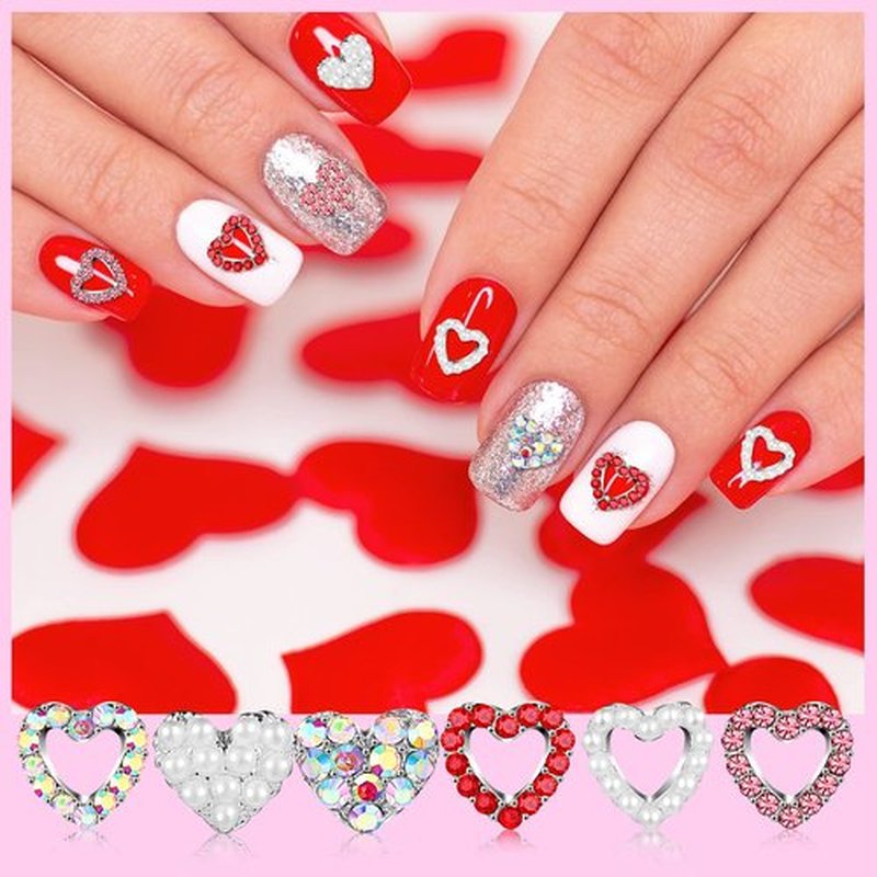 Sadnyy 100 Pcs Valentine Heart Nail Charms for Nail Art, 3D Heart Rhinestone Decals Silver Crystal Charms Diamond Alloy Gems for Women Valentine's Decorations(Elegant)