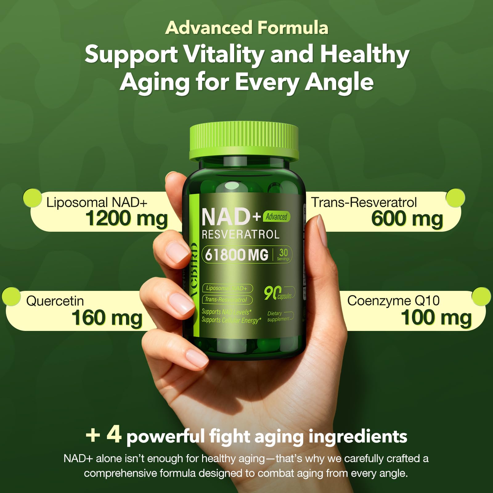 Nad Resveratrol Supplement 1200mg Per Serving – Liposomal Nad+ Resveratrol for Women & Men – High Purity 1200mg Nad+ Supplement for Energy & Healthy Aging, Resveratrol, Quercetin, CoQ10 – 90 Counts