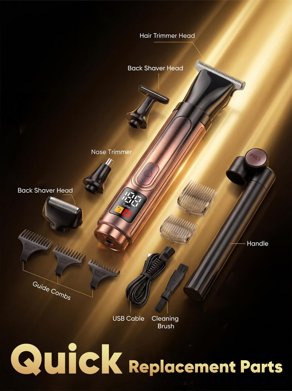 Back Shaver for Men with LED Display, 4-in-1 Rechargeable Body & Back Trimmer, Extendable Long Handle, Safety Lock, IPX7 Waterproof, Adjustable Speed, Wet/Dry Use, Travel Case Included