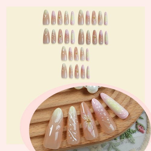 MISUD Press on Nails - Long Stiletto Glue on Nails with Pink Yellow, Acrylic Handmade Flower Design 30 pcs
