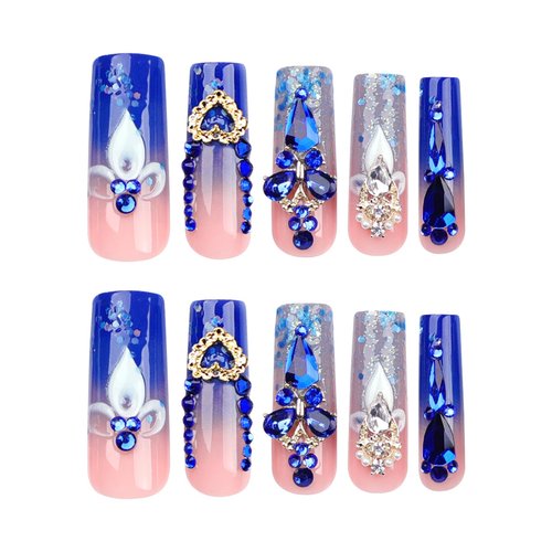 QQPPOLIU Royal Blue Press on Nails Long Length Square Shape Acrylic Fake Nails with Rhinestones Designs False Nails Mother'S Day Gift 24pcs