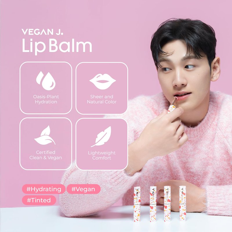 Vegan J. Lip Balm – Long-Lasting Hydration with Natural Color – Korean Beauty, Oasis Plant Complex, Silicone-Free, Vegan & Cruelty-Free Lip Care (002 Blush Pink)