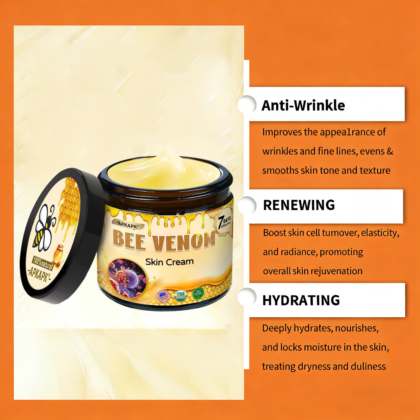 APKAPK Bee Venom Cream, Advanced Firming & Wrinkle-Reducing, Professional Bee Venom Skin Cream, Natural bee venom comprehensive cream for All Skin Types (1 Pack)
