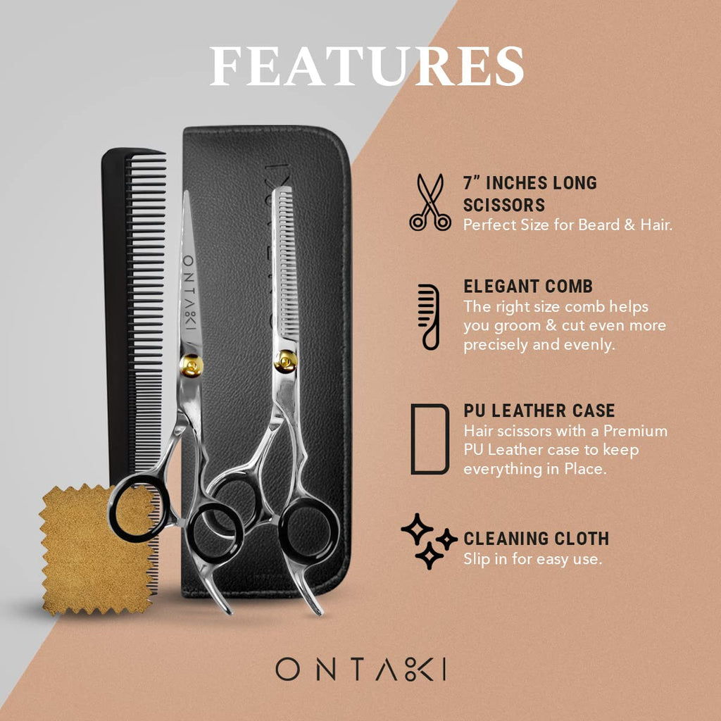 Ontaki Hair Scissors & Thinning Shears Kit - 7 in, Silver, Japanese Steel - Precision Hair Cutting Scissors - Ergonomic Comfort Grip with Thinning Shear - Includes Styling Comb & Pouch