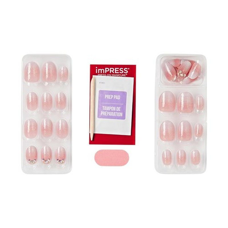 KISS imPRESS Press-On Nails - No Glue, 'Even Better' Design, Pink Oval Shape, Short Size, 30 Nails Included