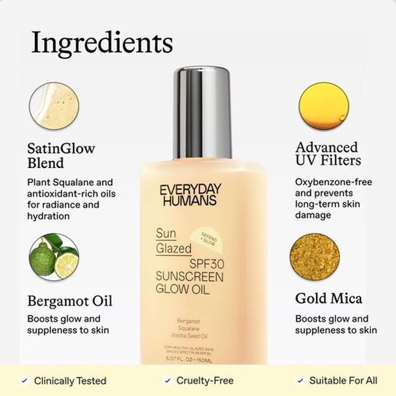 Everyday Humans Sun Glazed SPF30 Sheer Body Glow Oil with Gold Mica | Hydrating Non-Sticky Glowing UV Protection Cruelty Free 5.1 Fl Oz | Bergamot, Squalane, Jojoba Seed Oil | UVA/UVB Broad Spectrum