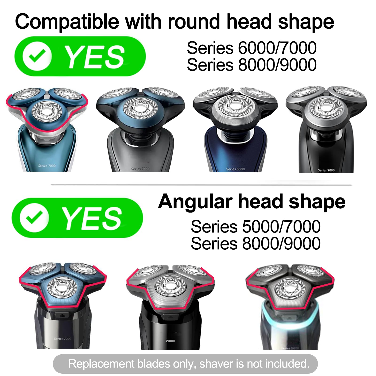SUPERNB SH71 Replacement Heads for All Series 7000 9000 and Series 5000 Angular, Dual Ring Mesh for Efficient Shave, Fits S5xxx/S6xxx/S7xxx, 3-Pack