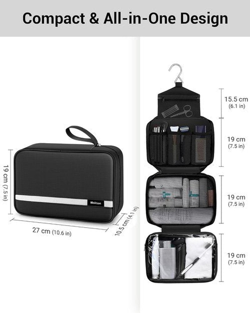 Maliton Toiletry Bag | Waterproof Hanging Organizer for Travel | Large 4-Compartment Design - Black