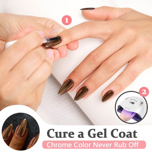Bronze Chrome Press on Nails Medium Almond, KQueenest Metallic Brown Acrylic Fake Nails Medium Stiletto, Glitter Glue on Nails for Women Fall Winter Wear, Glossy False Nails Press ons in 24 Pcs