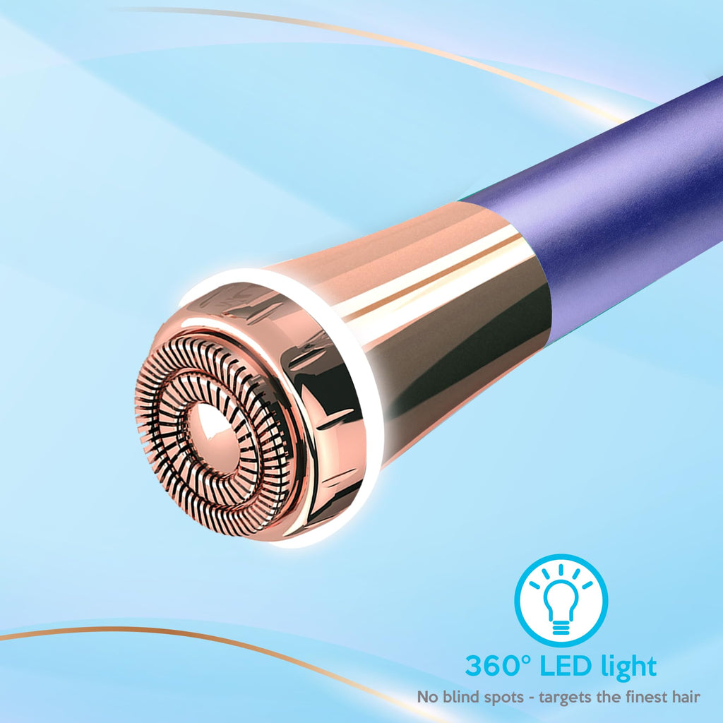 Facial Hair Removal for Women, Rechargeable Painless Electric Face Hair Remover, 20mm Dual Ring Floating Head Blade, Face Shaver Razor & Trimmer for Upper Lip, Chin, 18K Gold-Plated / 360°LED Light
