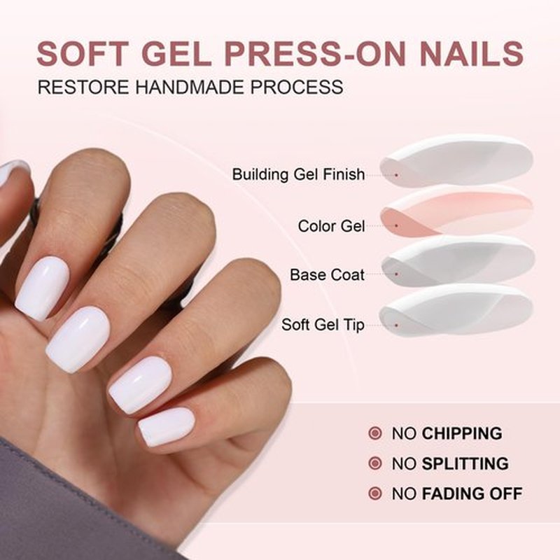 Hrnsnails White Press On Nails, Short Square Glue On Nails with Glossy Designs, Reusable Soft Gel False Nails