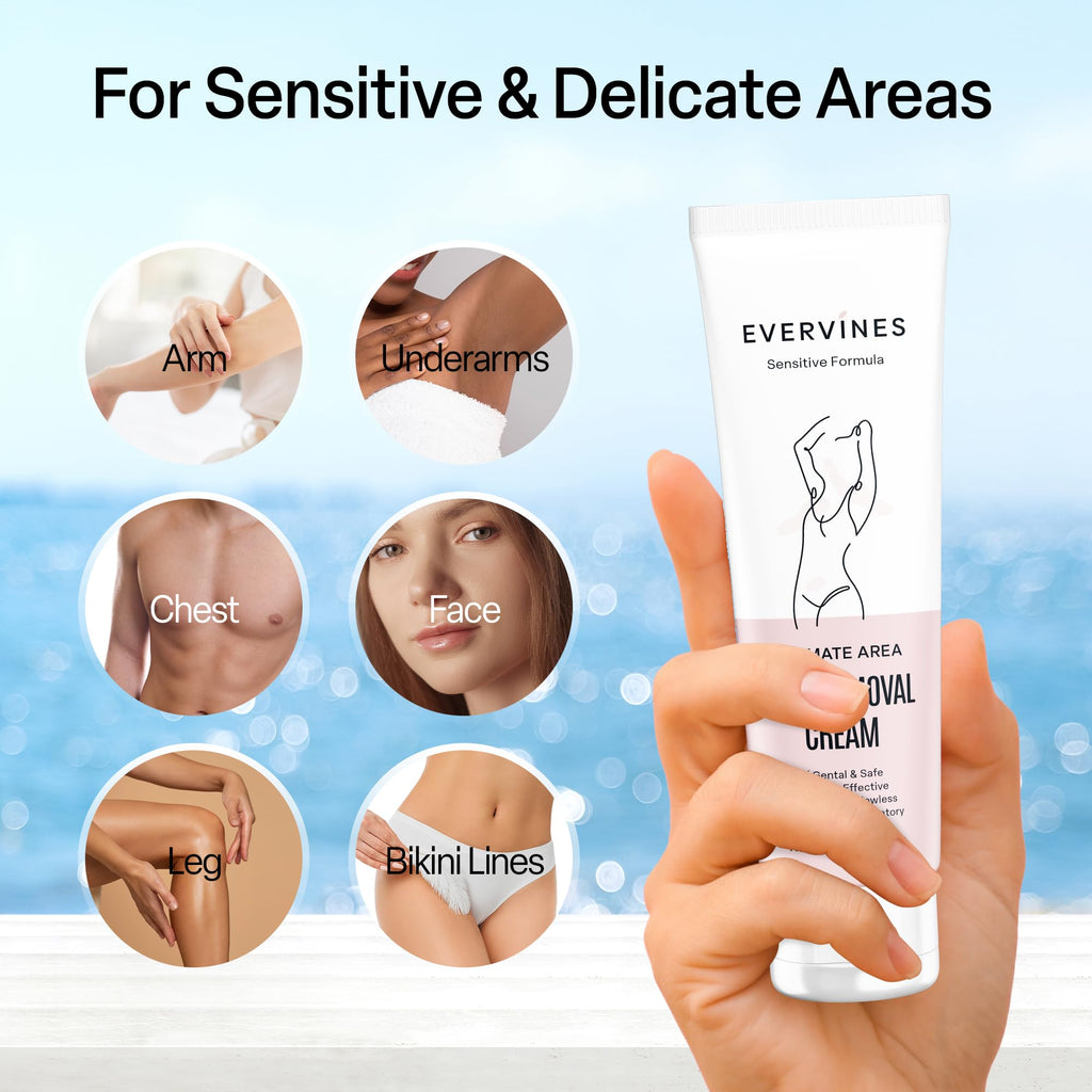 Evervines Hair Removal Cream for Women: Bikini Pubic & Intimate Areas Legs Arms Underarms - Fast Gentle Painless Depilatory with Scraper for Sensitive Skin at Home or Travel (4.2oz)