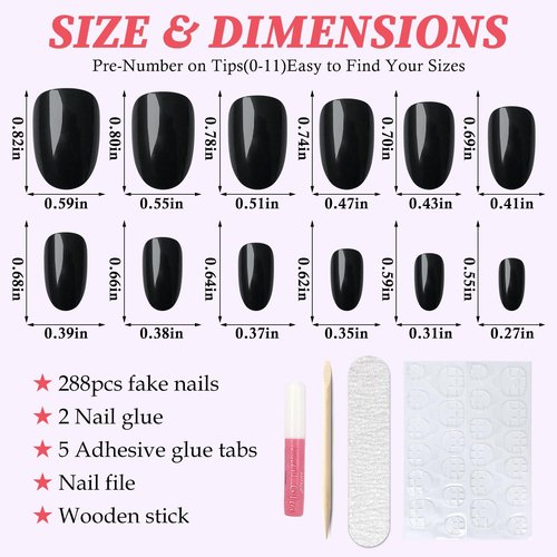LuckForever 288pc Almond Press On Nails Tips - Short, Oval, False, Artificial Fingernails with Adhesive Tabs for DIY Manicure