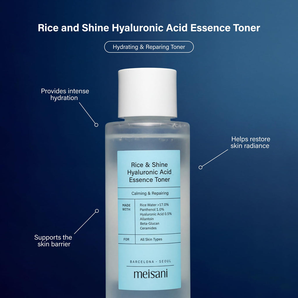 Meisani Rice & Shine Hyaluronic Acid Essence Toner - Hydrating Brightening Facial Toner with Ceramides and Panthenol| Korean Vegan Skincare | 5.07 fl.oz.