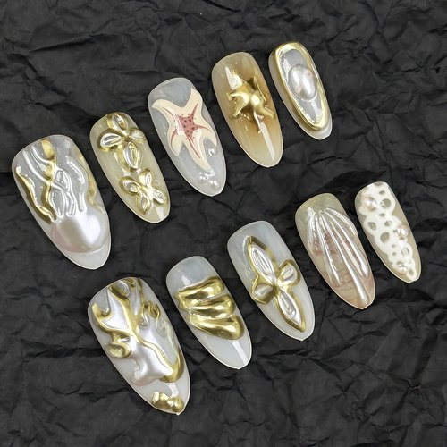 30Pcs French Tip Press on Nails Long Almond Fake Nails with Beach Starfish Shell Ocean Jellyfish Flower Embossed Pattern Rhinestones Nails Design Full Cover Cute False Nail Stick on Nail for Women