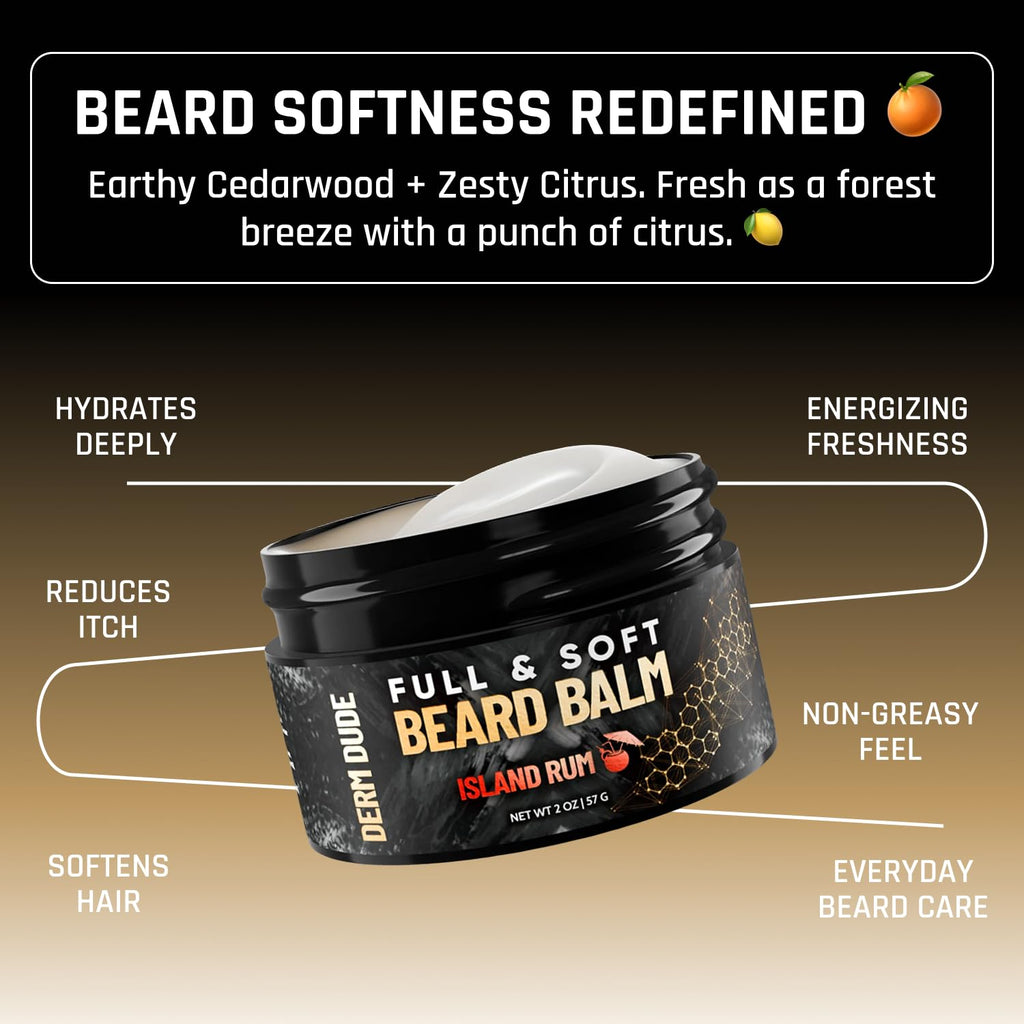 Derm Dude Full and Soft Beard Balm for Men – Conditioning Balm with Natural Oils for Growth, Softness & Styling – Tames Frizz, Hydrates Skin – Non-Greasy - Island Rum, 2oz