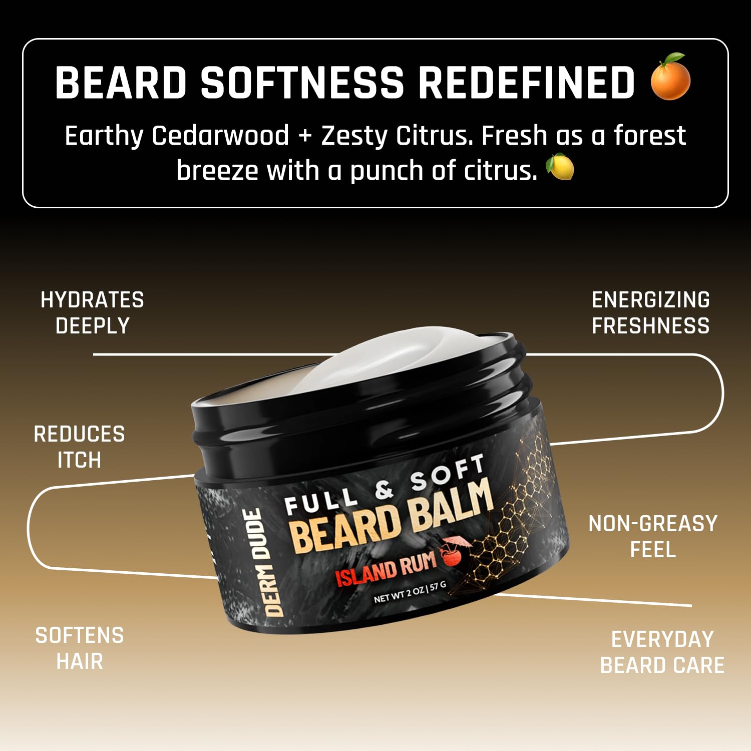 Derm Dude Full and Soft Beard Balm for Men – Conditioning Balm with Natural Oils for Growth, Softness & Styling – Tames Frizz, Hydrates Skin – Non-Greasy - Island Rum, 2oz