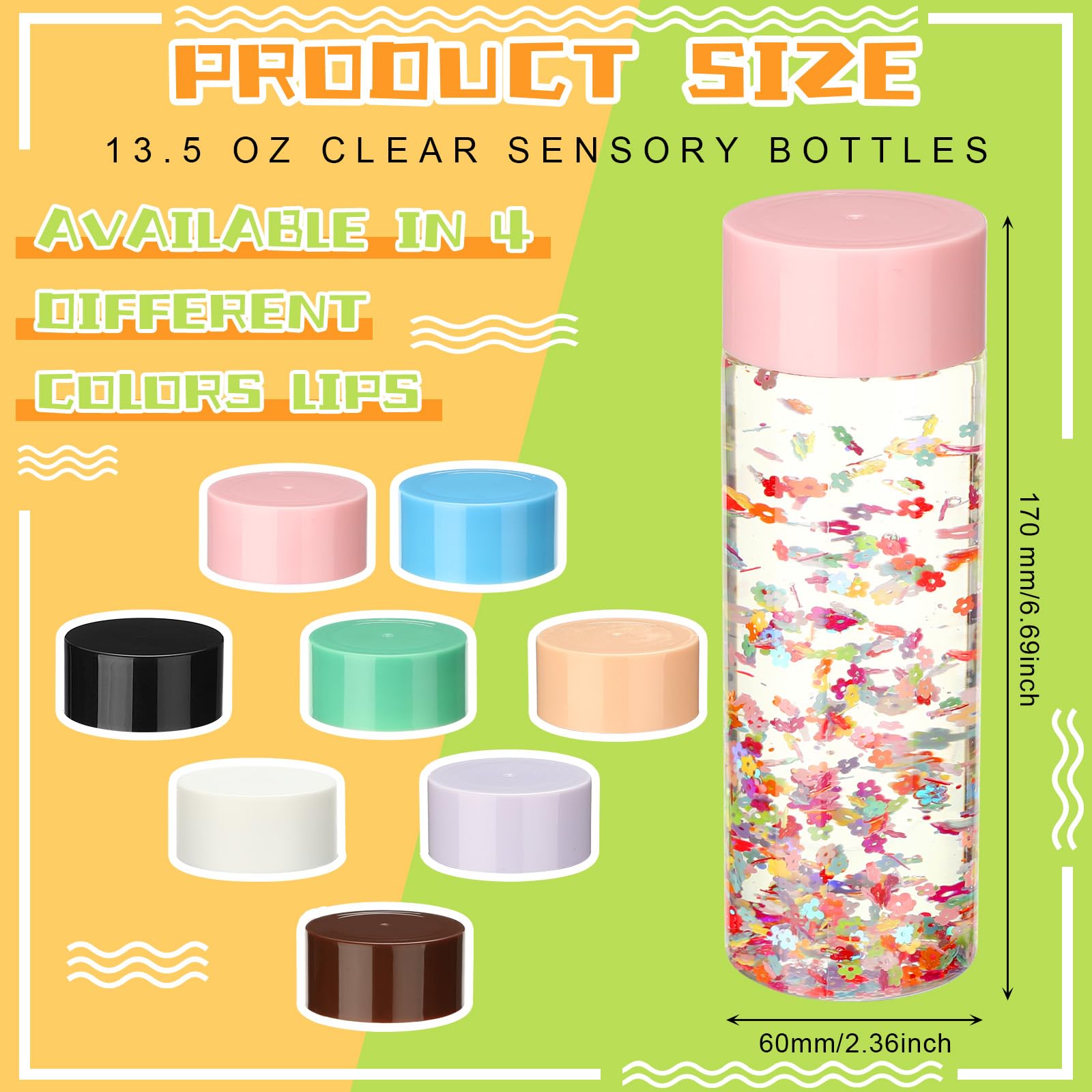 Hoolerry 16 Pcs Empty Plastic Sensory Bottles with Lids Reusable Clear Plastic Sensory Water Bottles for DIY Crafts Handmade Party Decoration(Multi Colors,13.5 oz)
