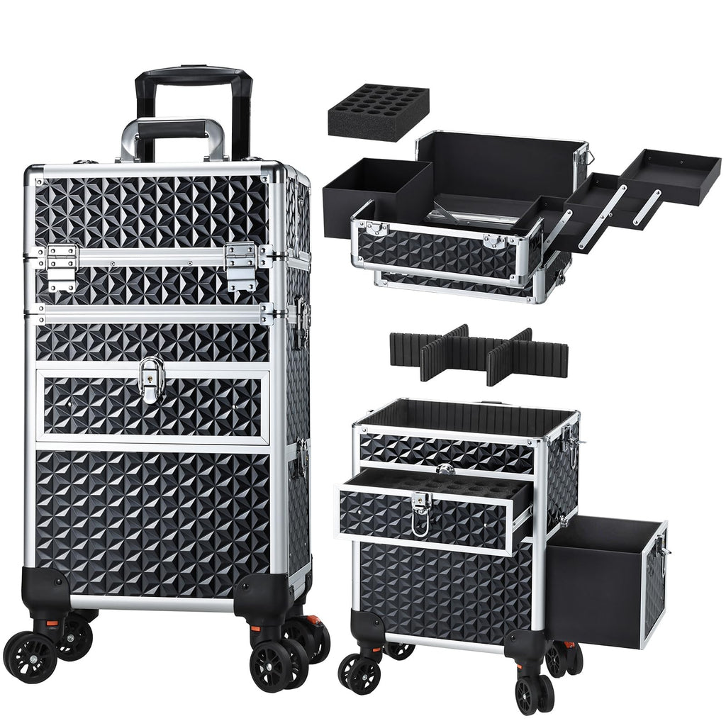 Joligrace Rolling Makeup Case with Drawers - Tattoo Storage Organizer Travel Cart for Nail Tech, Cosmetology, Barber Tools - Portable Suitcase on Wheels