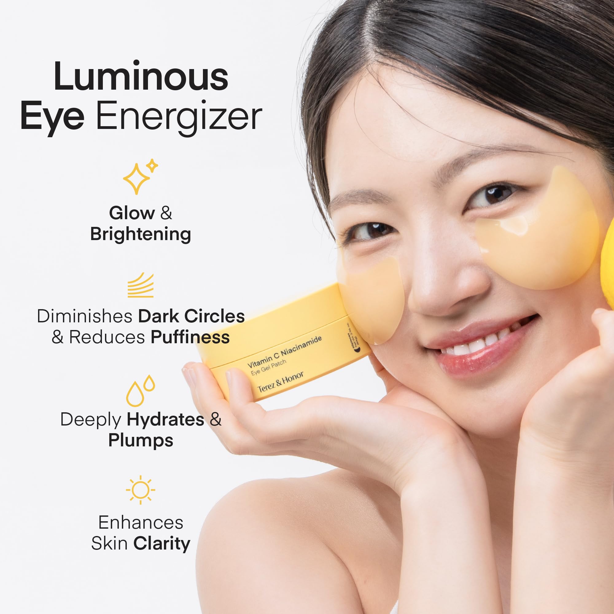 Terez & Honor Vitamin C Eye Patches - 60 Pcs Korean Brightening & Hydrating Under Eye Masks with Tranexamic Acid, Hyaluronic Acid - Dark Circles, Puffiness & Wrinkle Hydrogel Pads, Vegan, No Fragrance
