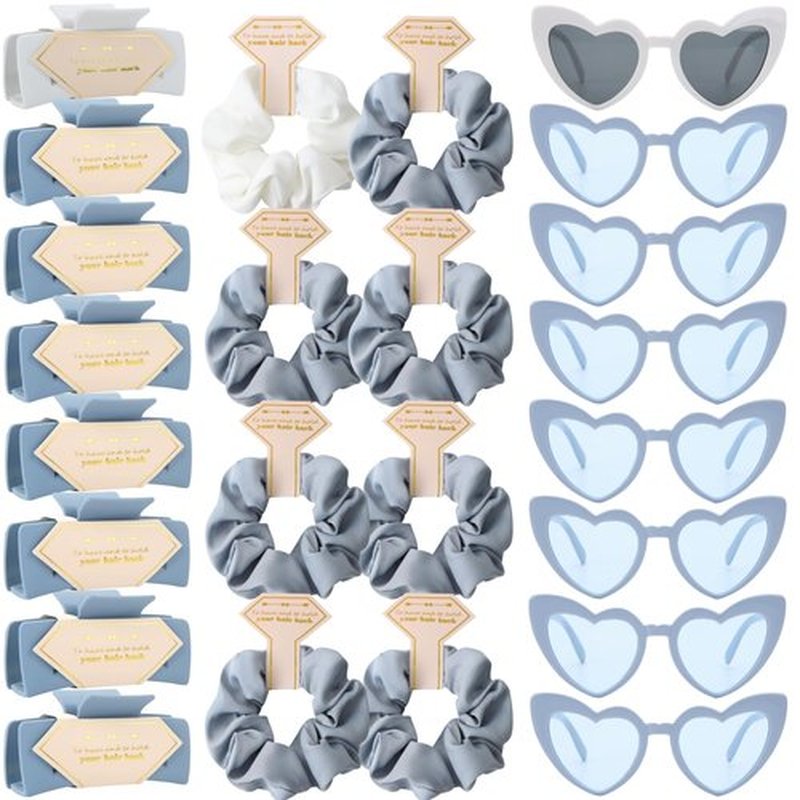 Tethzeng Bridesmaid Scrunchies Proposal Gifts Bachelorette Hair Claws Clips Girls heart sunglasses for Wedding Party Favors (White&Dusty Blue)