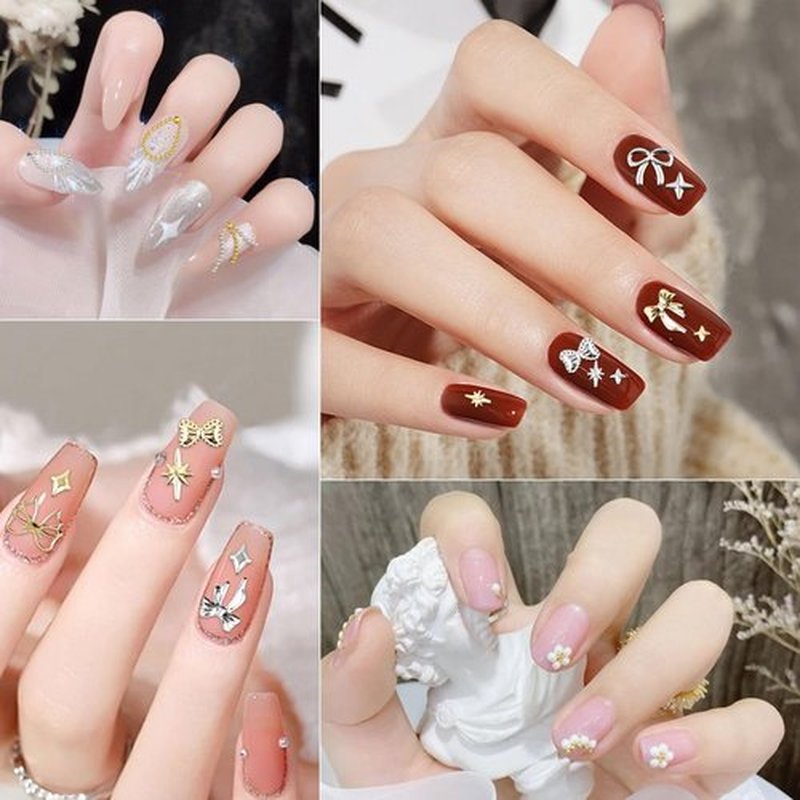 3D Metal Punk Nail Studs, Gold Silver Star Bows Nail Art Charms, Alloy Manicure Decoration DIY Charms for Nail Art Decoration Accessories (Gold + Silver F)