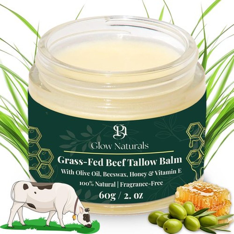 Glow Naturals Beef Tallow For Skin - 2 oz Fragrance Free Tallow And Honey Balm With Olive Oil, Beeswax & Vitamin E - Grass Fed Beef Tallow For Face, Body & Dry, Sensitive Skin