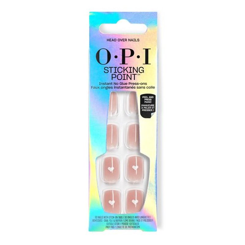 OPI Sticking Point Head Over Nails | Short Squoval Opaque Warm Neutral with White Hearts Nail Art Instant No Glue Press On Nails | 30 Count with Adhesive Tabs | Damage-Free Wear | Spring 2026