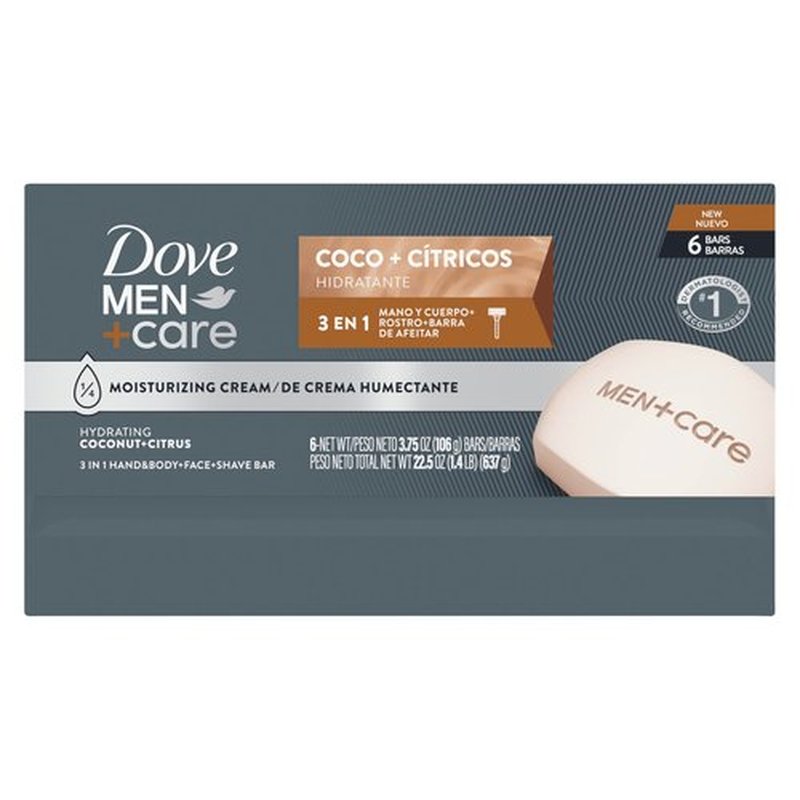 DOVE MEN + CARE Hidratante Coco + Cítricos Hand & Body Face + Shave Bar 6 Count for Hydrated Skin 3.75 oz