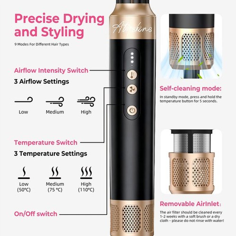 Atopskins 7 in 1 Blow Dryer Brush, Air Wrap Brush Set Hair Dryer Brush 110,000 RPM with Negative Ion Hair Styler Dry, Curling, Volumizing, Straightening and Styling (Black)
