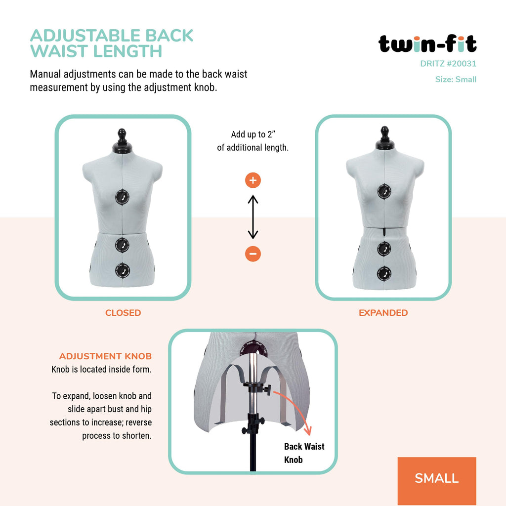 Dritz Twin-Fit Adjustable Dress Form - Small Sizes US 4-10 - Female Clothing Mannequin for Sewing, Fitting, and Draping - Pinnable Sewing Mannequin with 13 Dials for Fitting + 360 Hem Guide