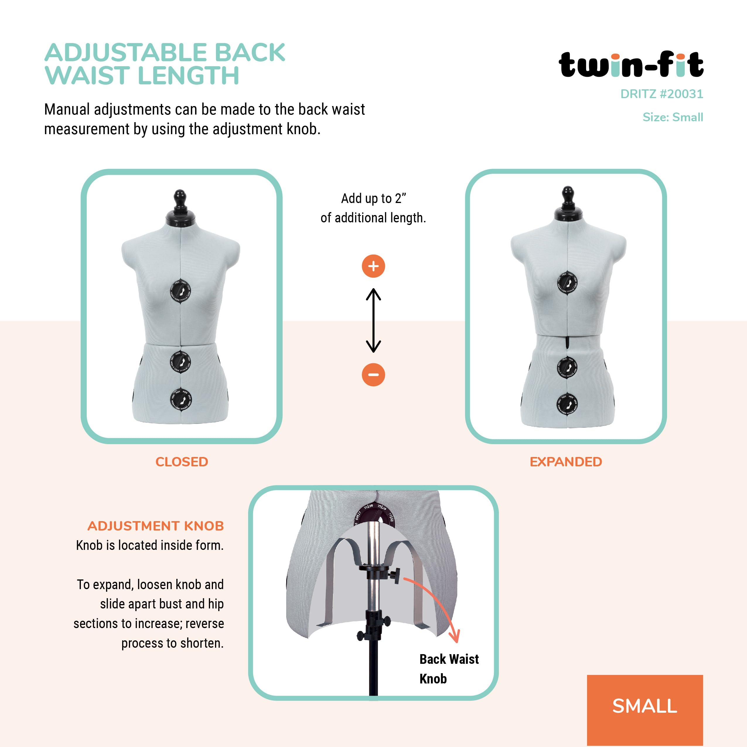 Dritz Twin-Fit Adjustable Dress Form - Small Sizes US 4-10 - Female Clothing Mannequin for Sewing, Fitting, and Draping - Pinnable Sewing Mannequin with 13 Dials for Fitting + 360 Hem Guide