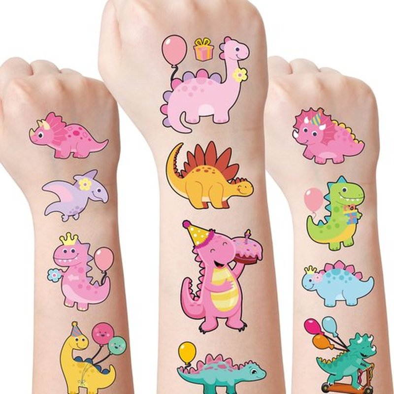 Three Rex Dinosaur Temporary Tattoos - 6 Sheets 180 Pcs Pink 3rd Birthday Decorations Cute Cartoon T-rex Tattoo Stickers for Dino Party Favors Decor Supplies